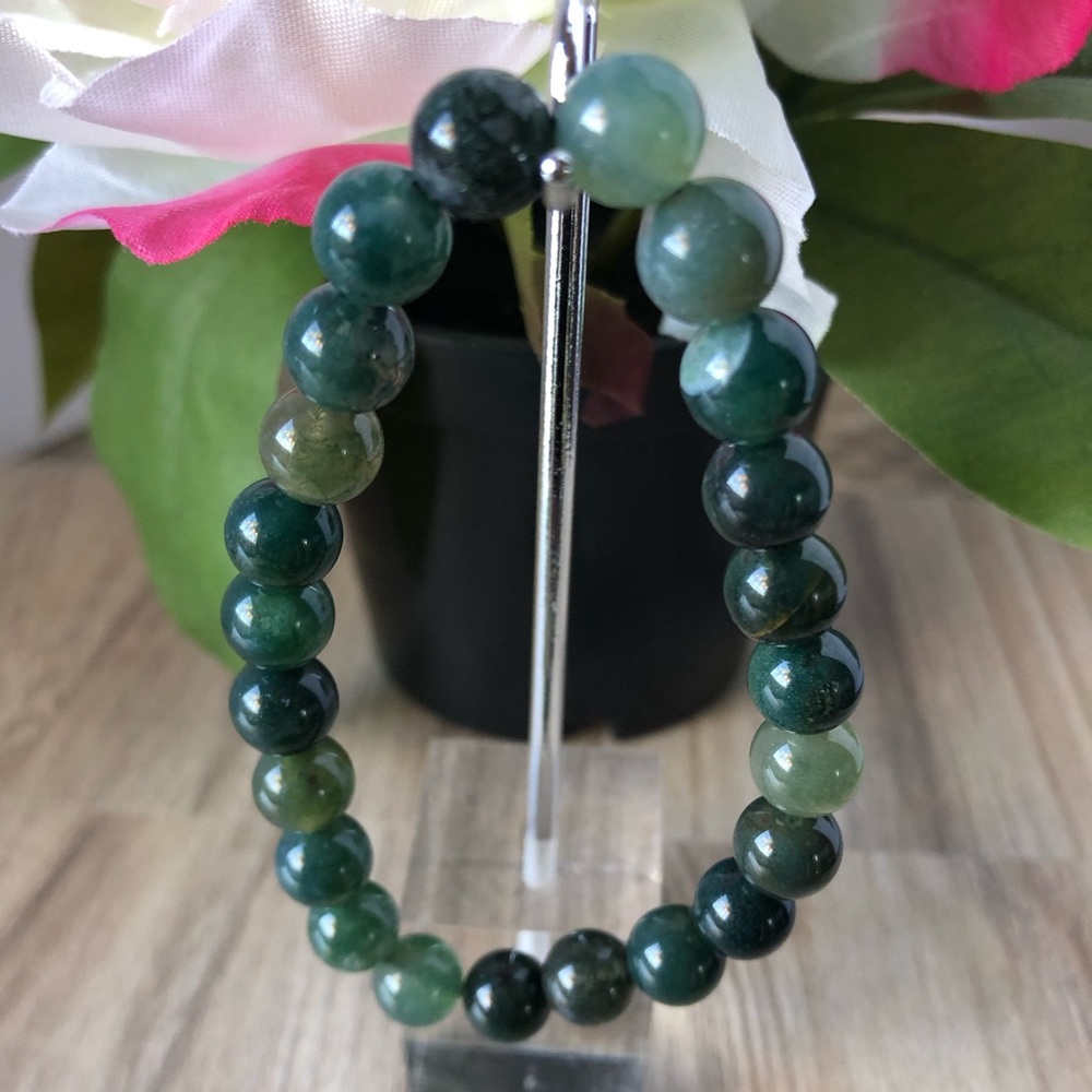 Moss Agate Natural Stone Beads Stretchable Bracelet 7" - 8mm Beads Best Gift